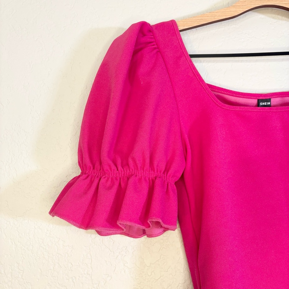 Hot Pink Puff Sleeve Ruffle Short Sleeve Body Suit Size S - Picture 3 of 5